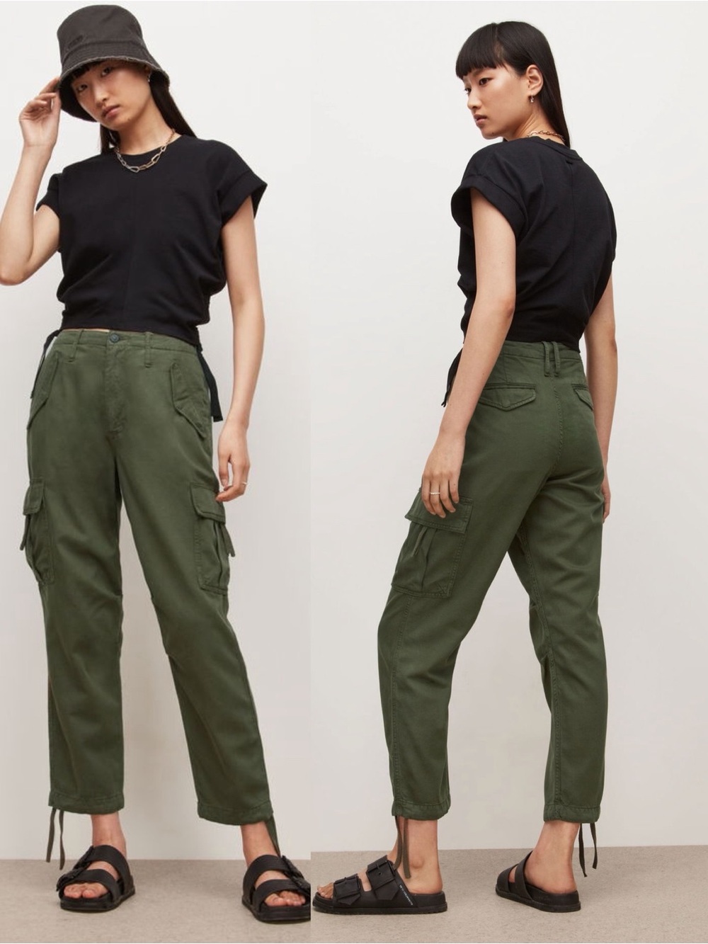 All Saints Mel Combat Trousers Olive Green Cargo Pants Soft Cinch Hem UK 1O/6